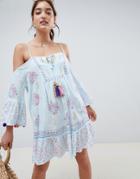 South Beach Crinkle Cold Shoulder Printed Beach Dress With Pom Pom Sleeve Trim - Blue