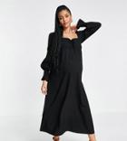 Fashion Union Maternity Smocked Long Sleeve Beach Midi Dress In Black