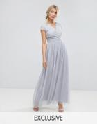 Little Mistress Wrap Front Maxi Dress With Eyelash Lace Trim - Gray