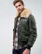 Brave Soul Ma2 Bomber With Faux Fur Collar And Rip Off Badge - Green