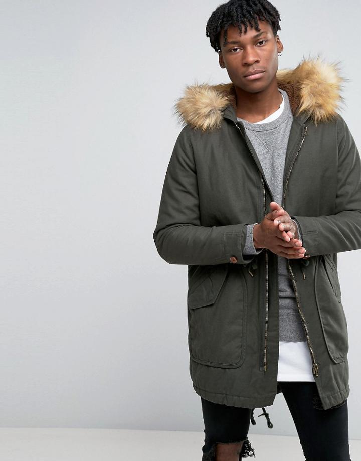 Asos Parka Jacket In Khaki With Faux Fur Lining - Green