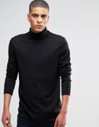 Asos Longline Roll Neck Sweater In Black Cotton - Black