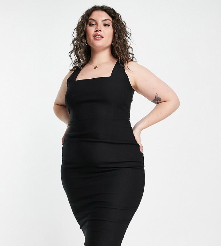 Vesper Plus Square Neck Midi Dress In Black
