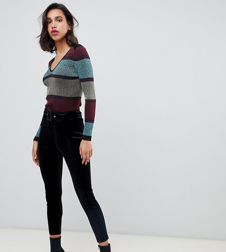 River Island Velvet Leggings With Coated Belt In Black - Black