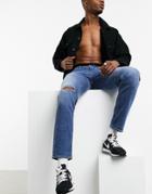 Asos Design 'responsible Edit' Slim Jeans In Mid Wash Blue With Abrasions