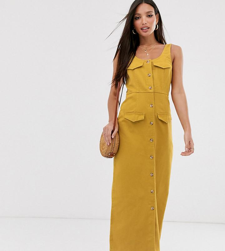 Asos Design Tall Denim Button Down Midi Dress In Mustard