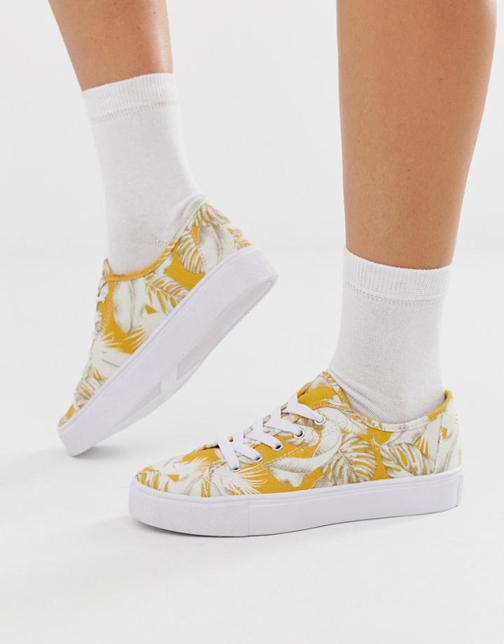 Asos Design Dusty Lace Up Sneakers In Mustard Print - Multi