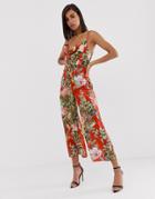 Asos Design Satin Cowl Neck Jumpsuit In Floral Print - Multi