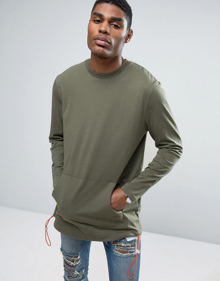 Asos Longline Long Sleeve T-shirt With Kangaroo Pocket And Contrast Drawcord - Green