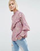 Asos High Neck Asymmetric Ruffle Front Top In Floral Print - Multi