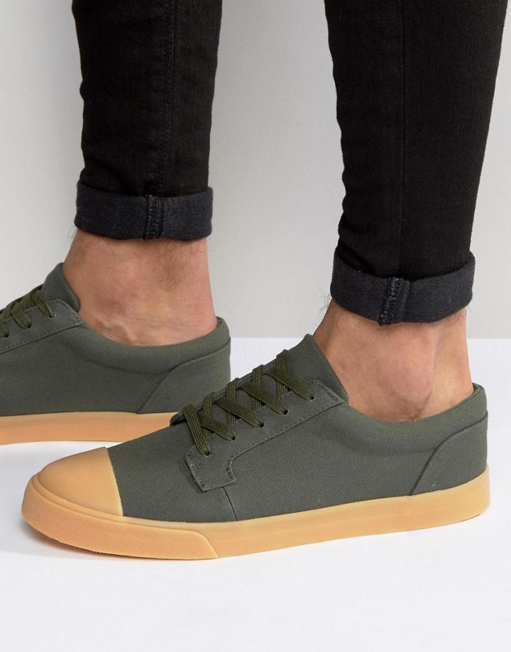 Asos Lace Up Sneakers In Khaki With Toe Cap - Khaki