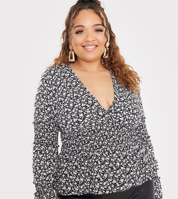 In The Style Plus Exclusive Plunge Front Shirred Detail Ruffle Sleeve Top In Multi Ditsy Print