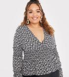 In The Style Plus Exclusive Plunge Front Shirred Detail Ruffle Sleeve Top In Multi Ditsy Print