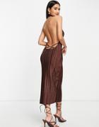 Asos Design Plisse Back Ring Midi Dress In Chocolate-brown