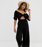 Asos Design Petite Tea Jumpsuit With Puff Sleeve And Tie Detail-black