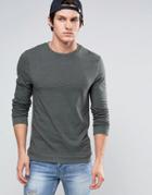 Asos Muscle Long Sleeve T-shirt With Rib Hem And Cuffs In Khaki - Green