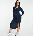 Asos Design Maternity Knit Midi Dress With Wrap Front In Navy