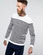 Asos Knitted Stripe Sweater In White & Navy - Navy