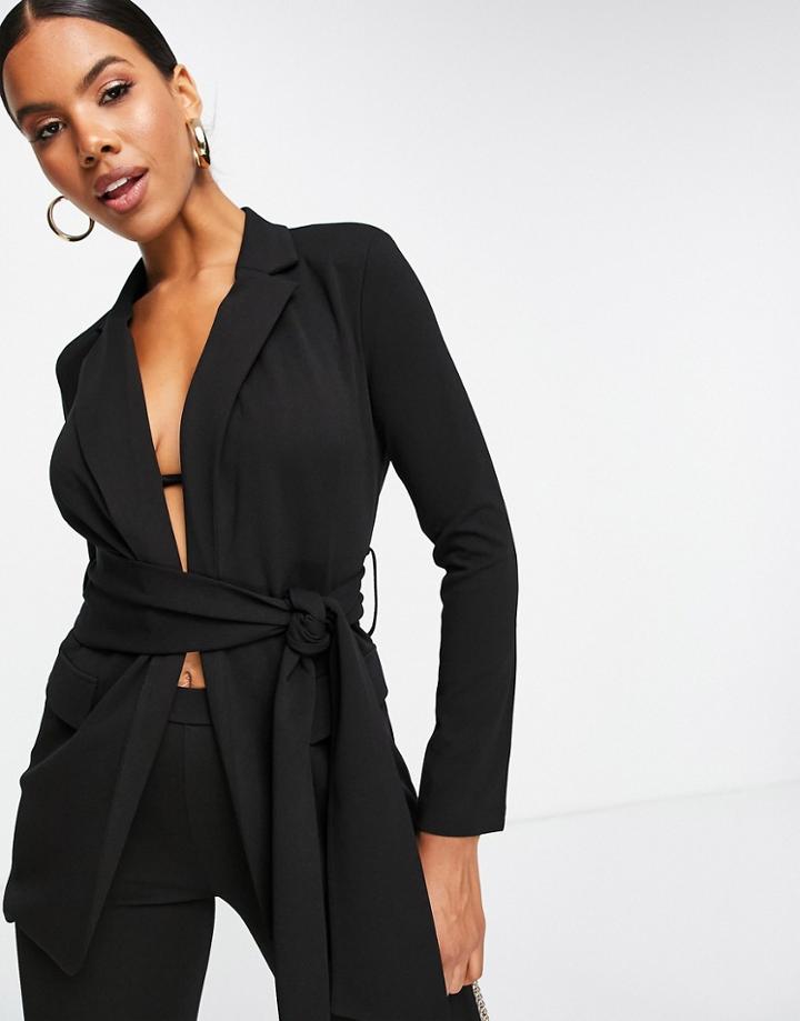 Asos Design Jersey Suit Blazer With Obi Tie Waist In Black