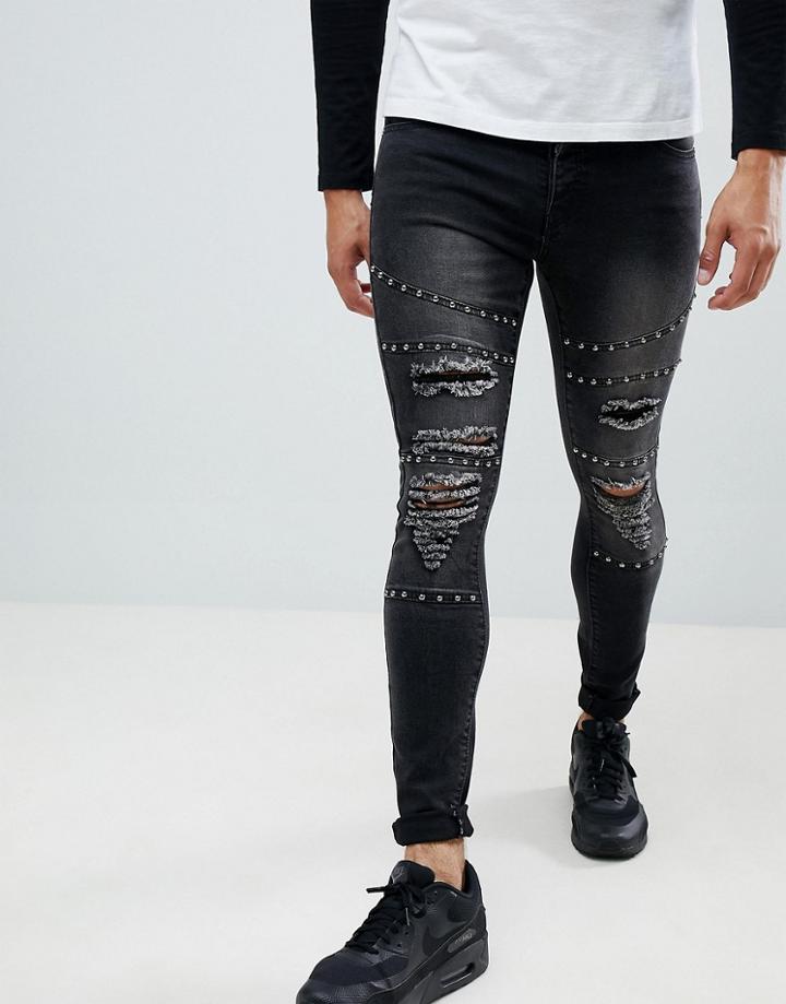 Boohooman Super Skinny Ripped Jeans With Stud Detail In Black Wash - Black