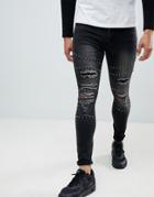 Boohooman Super Skinny Ripped Jeans With Stud Detail In Black Wash - Black