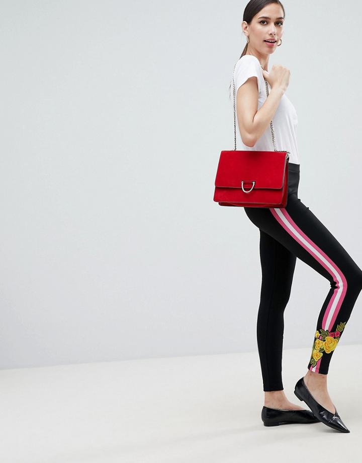 Asos Design High Waist Skinny Pants With Side Tape & Floral Embroidery - Black