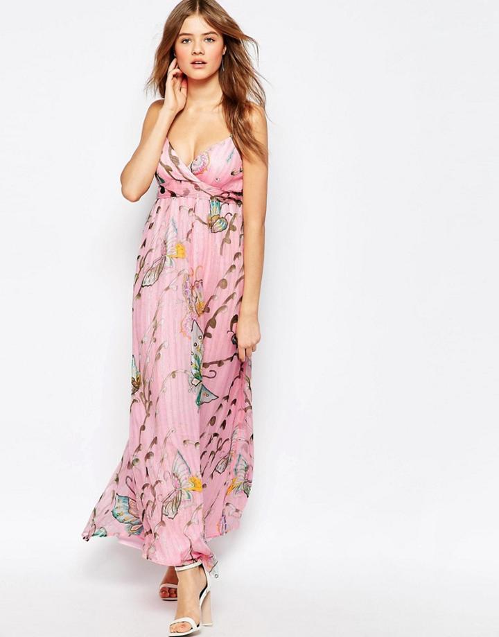 Traffic People Silk Cami Maxi Dress In Floral Butterfly Print - Pink