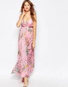 Traffic People Silk Cami Maxi Dress In Floral Butterfly Print - Pink