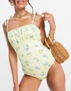 Asos Design Ruched Bust Swimsuit In Lemon Print-multi