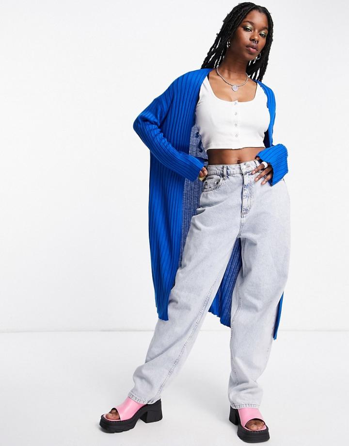 Topshop Knitted Rib Maxi Cardi In Blue