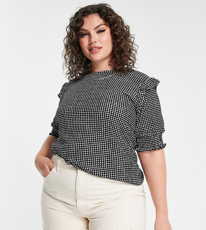 Simply Be Gingham Frill Top In Black And White-multi