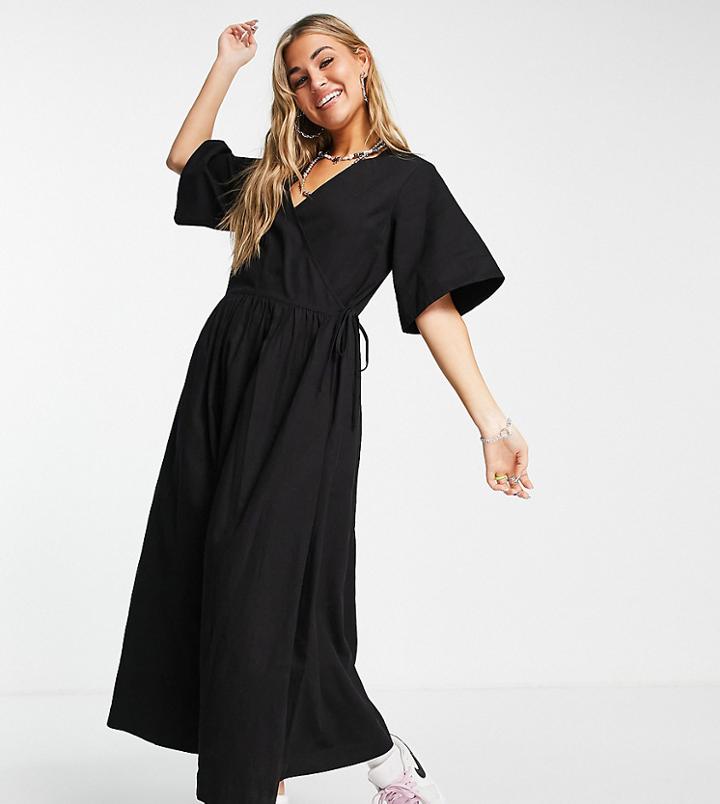 Collusion Twill Wrap Maxi Smock Dress In Black