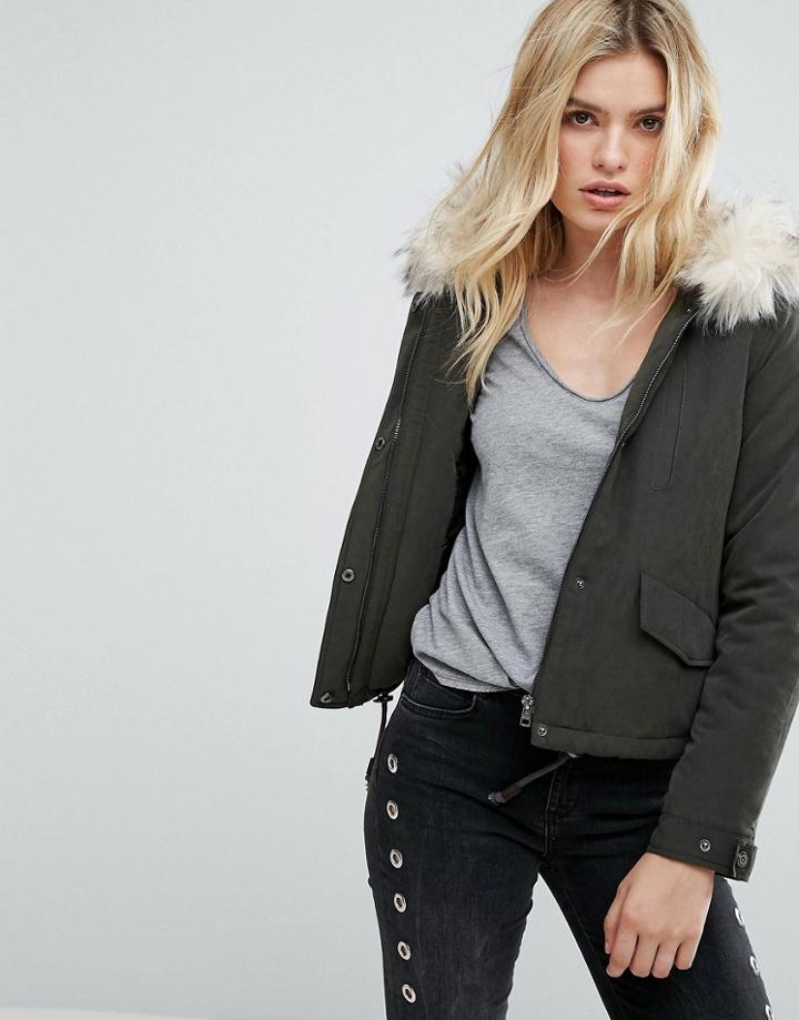 Only Short Parka Coat With Faux Fur Hood - Green