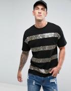Asos Oversized T-shirt With Rainbow Sequin Stripe - Black