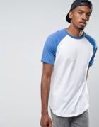 Asos Longline T-shirt With Contrast Raglan And Curved Hem - White