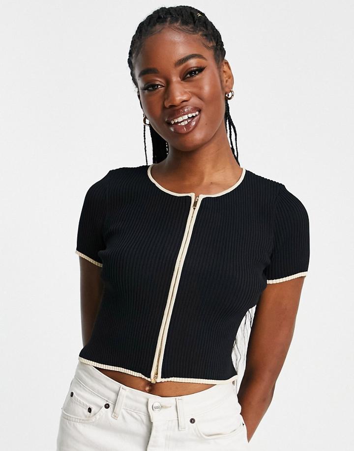 Urban Revivo Shrunken Cardigan With Contrast And Zip Front Piping In Black Knit