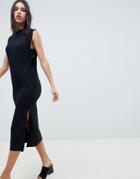 Asos Design Column Midi Dress With Ribbed Tab Sides - Black