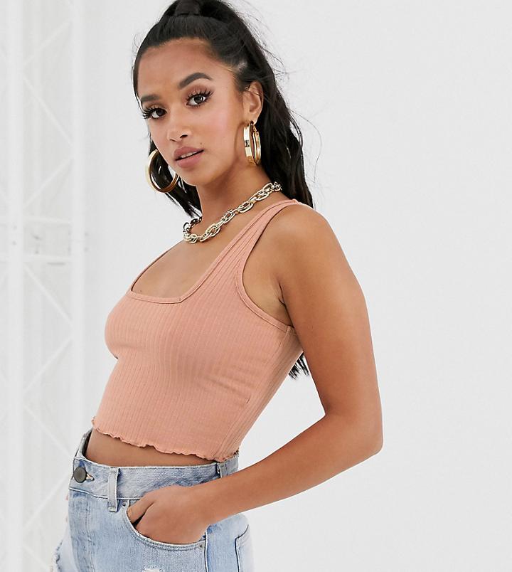 Asos Design Petite Crop Cami With Square Neck And Lettuce Hem In Stone