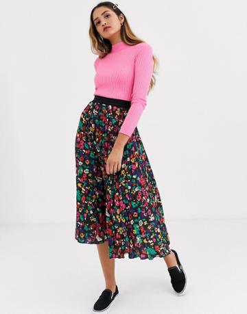 Twisted Wunder Pleated Midi Skirt In Black Based Multi Print