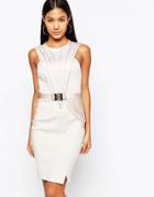 Michelle Keegan Loves Lipsy Wrap Front Pencil Dress With Chain Belt Detail - Nude