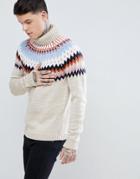 Asos Roll Neck Fairisle Sweater In Ecru - Beige
