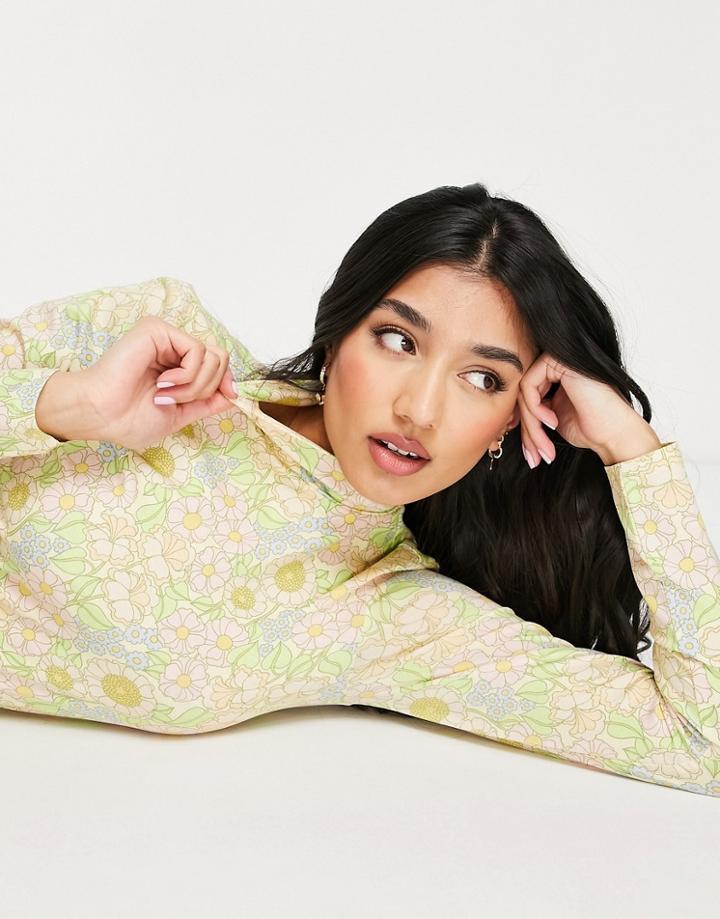 Monki High Neck Top In Pastel Floral Print-multi