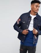 Hype Denim Jacket In Blue With Floral Embroidery - Blue