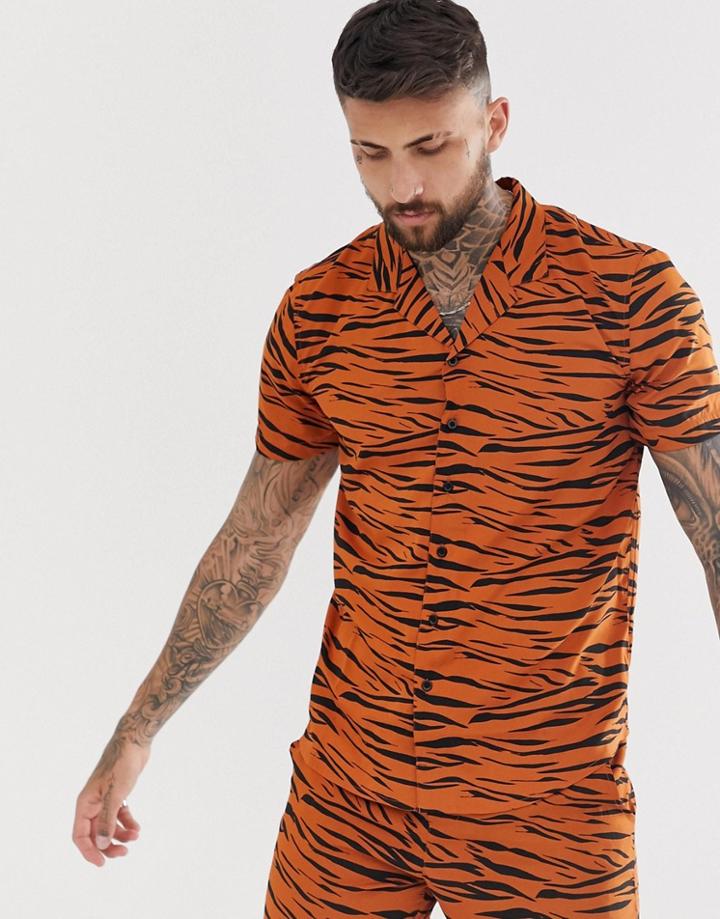 Another Influence Two-piece Tiger Animal Revere Shirt - Brown