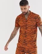 Another Influence Two-piece Tiger Animal Revere Shirt - Brown