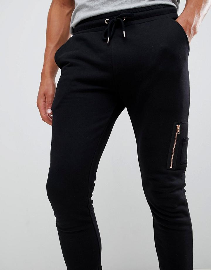 Asos Design Super Skinny Joggers In Black With Ma1 Pocket And Rose Gold Trims - Black