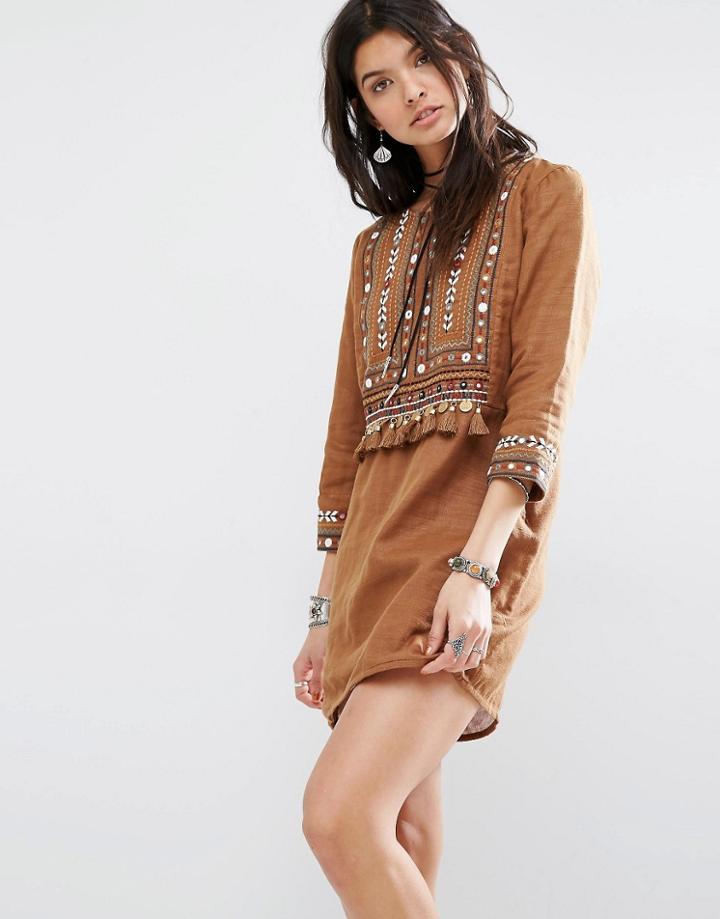 Mango Folk Embroidered Shift Dress - Brown