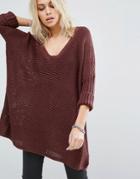 Noisy May Deep V-neck Oversize Knit Sweater - Brown
