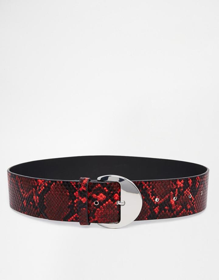 Asos Round Buckle Red Snake Waist Belt - Red