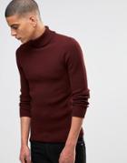 Asos Muscle Fit Ribbed Roll Neck Jumper In Burgundy - Red